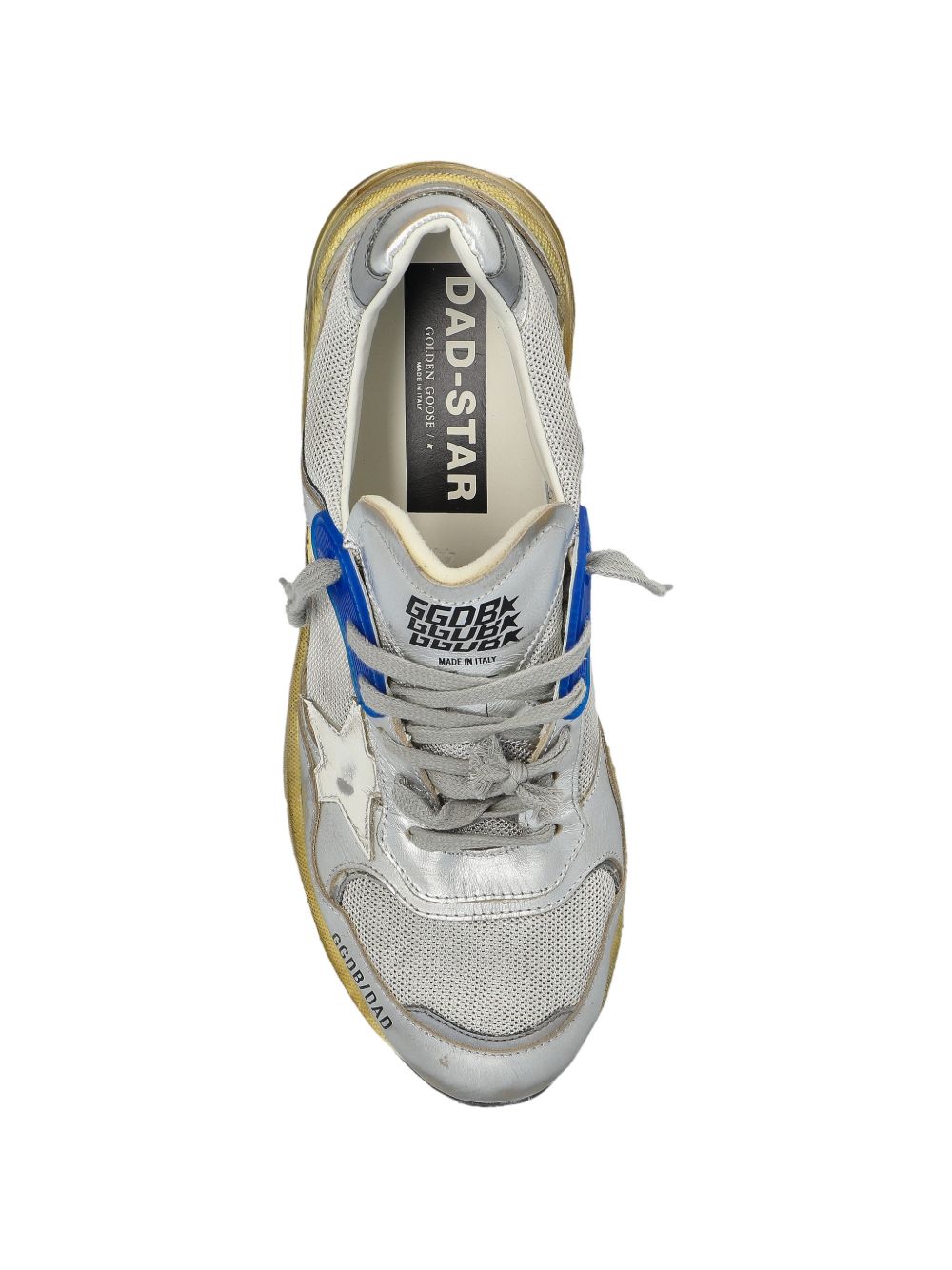 Metallic Silver Sneakers With Bold Blue Detail And Vintage Accents