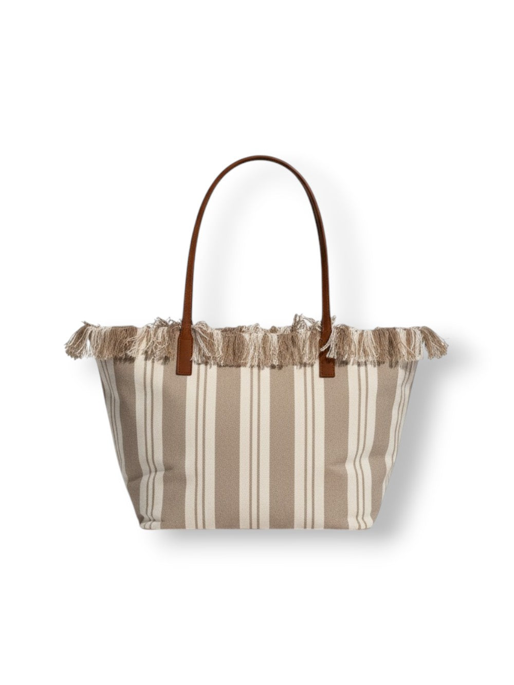 Medium Tote Bag With Vertical Stripes And Fringed Top Edge