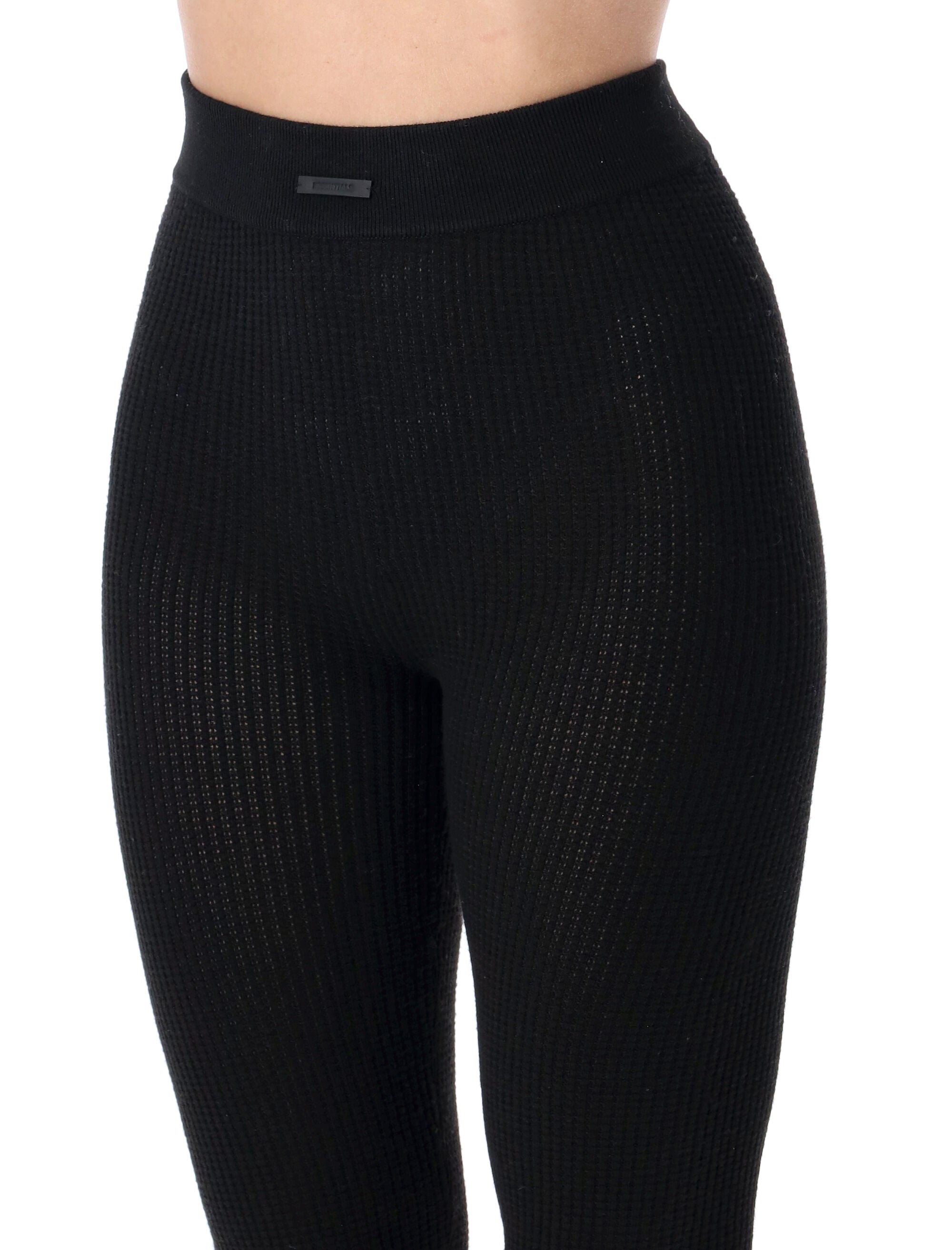 Ankle-Length Black Waffle Knit Leggings with Rib-Knit Waistband