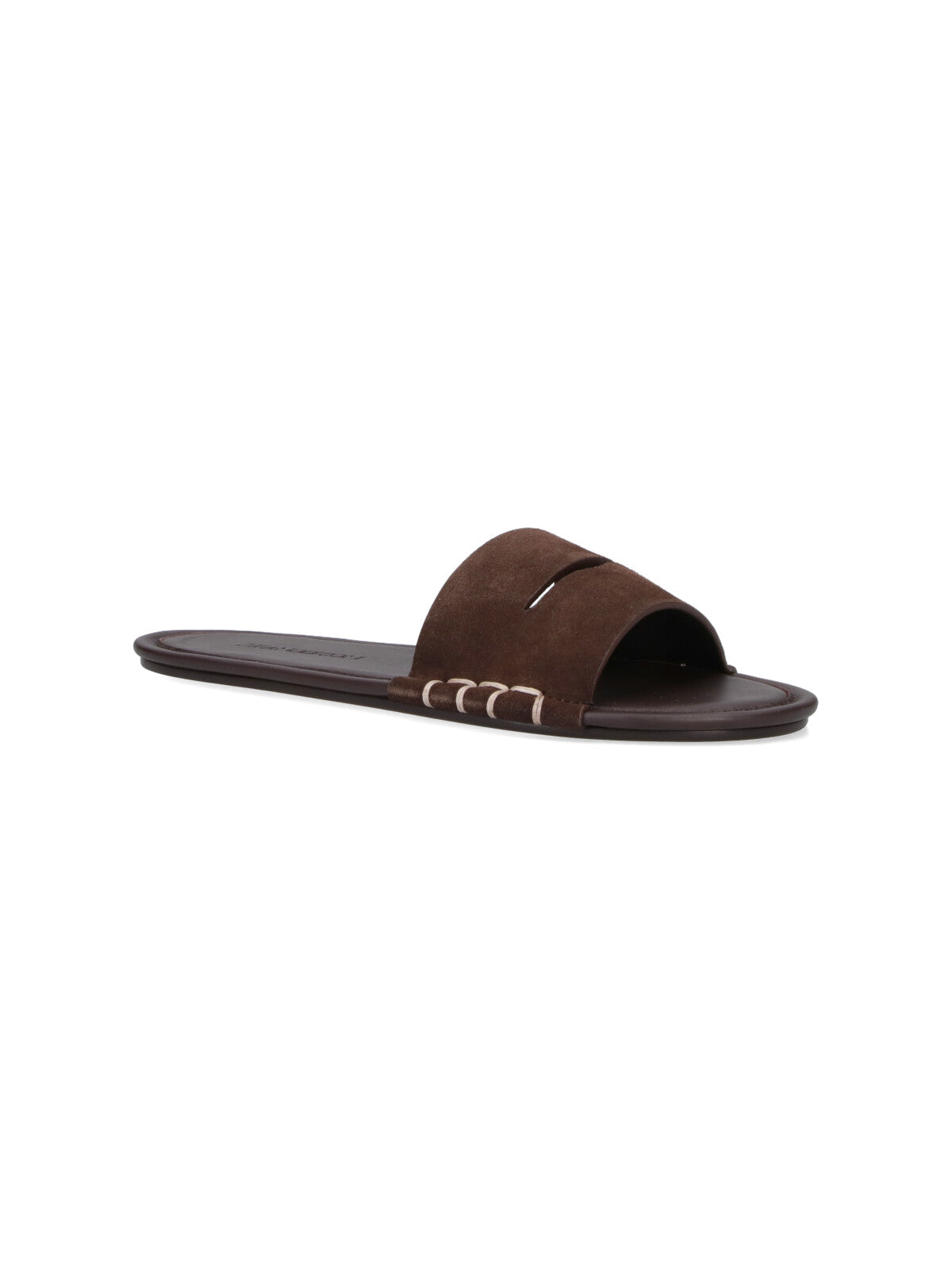 Brown Calf Leather Open-Toe Slides with Contrast Stitching