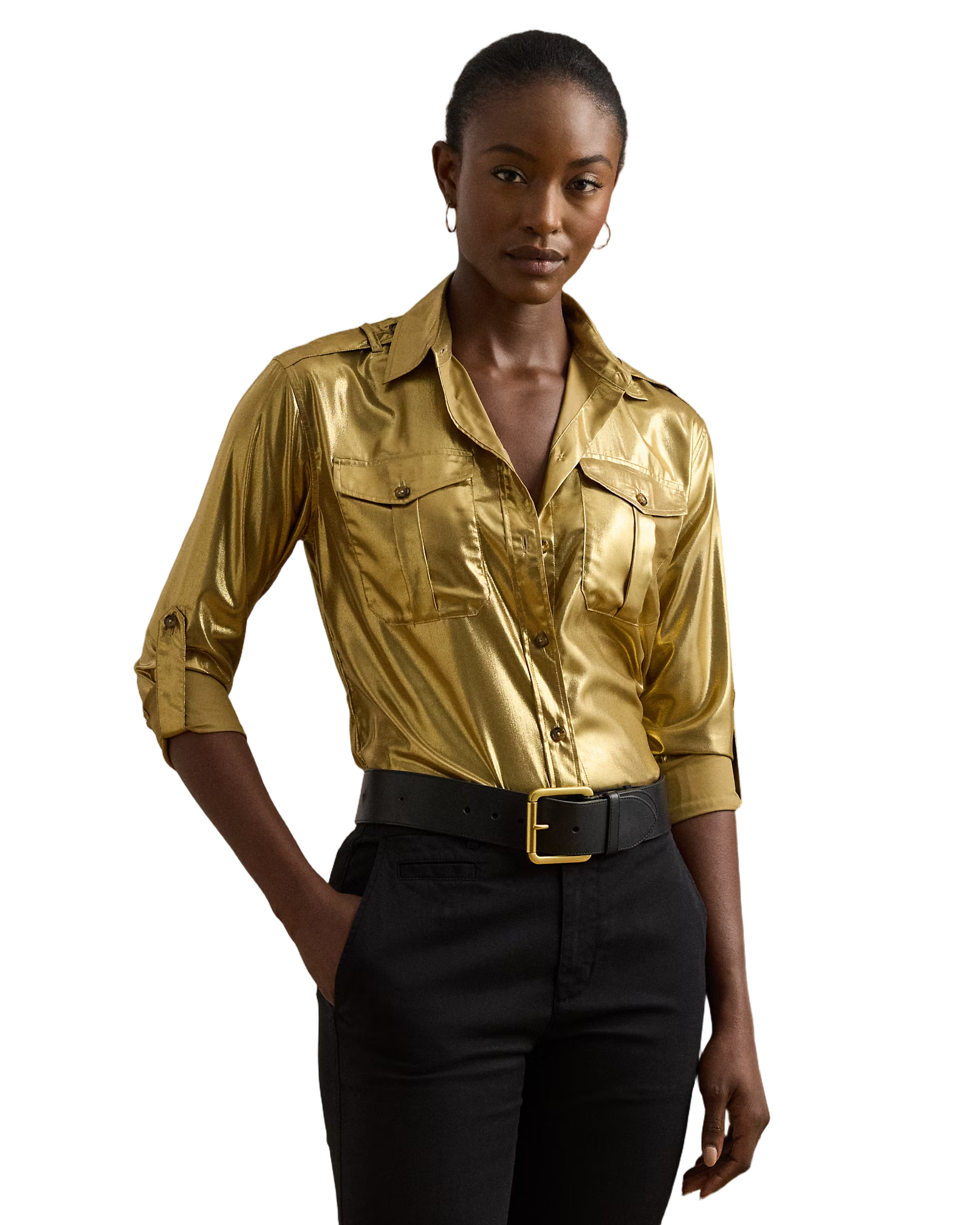 Long Sleeve Gold Foil Button Front Shirt