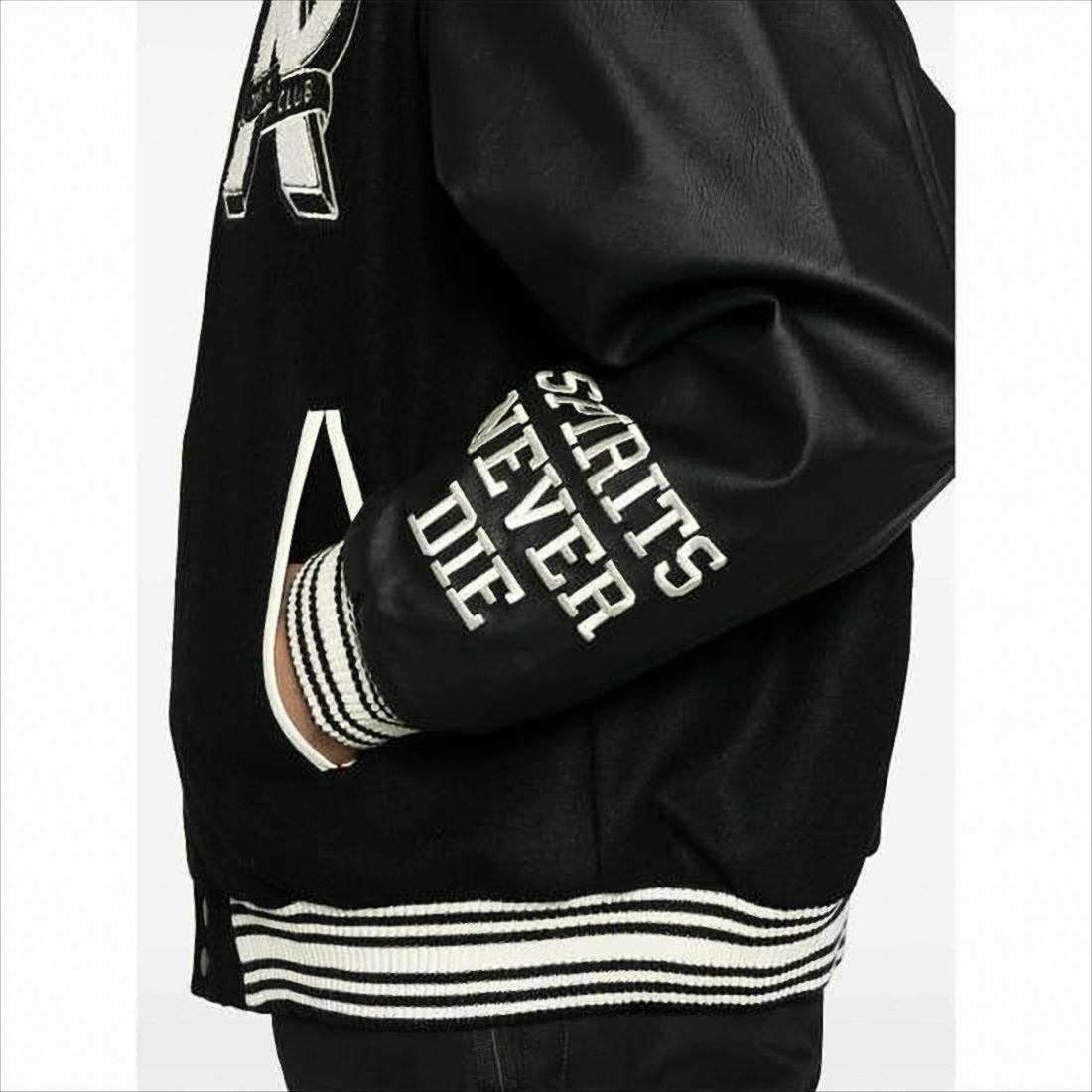 Varsity-Style Jacket with Contrasting Leather Sleeves