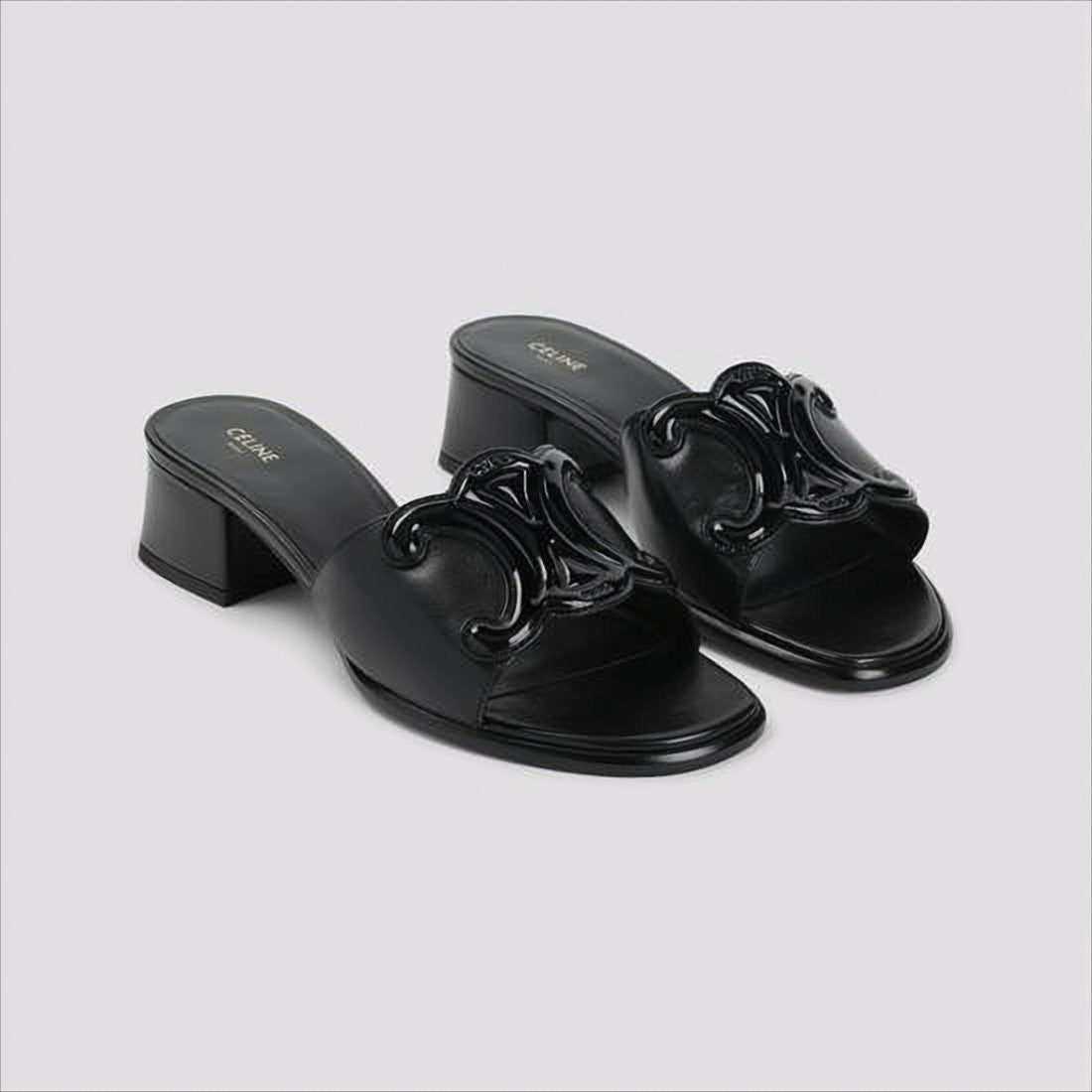 Open Toe Mules With Glossy Emblem Detail