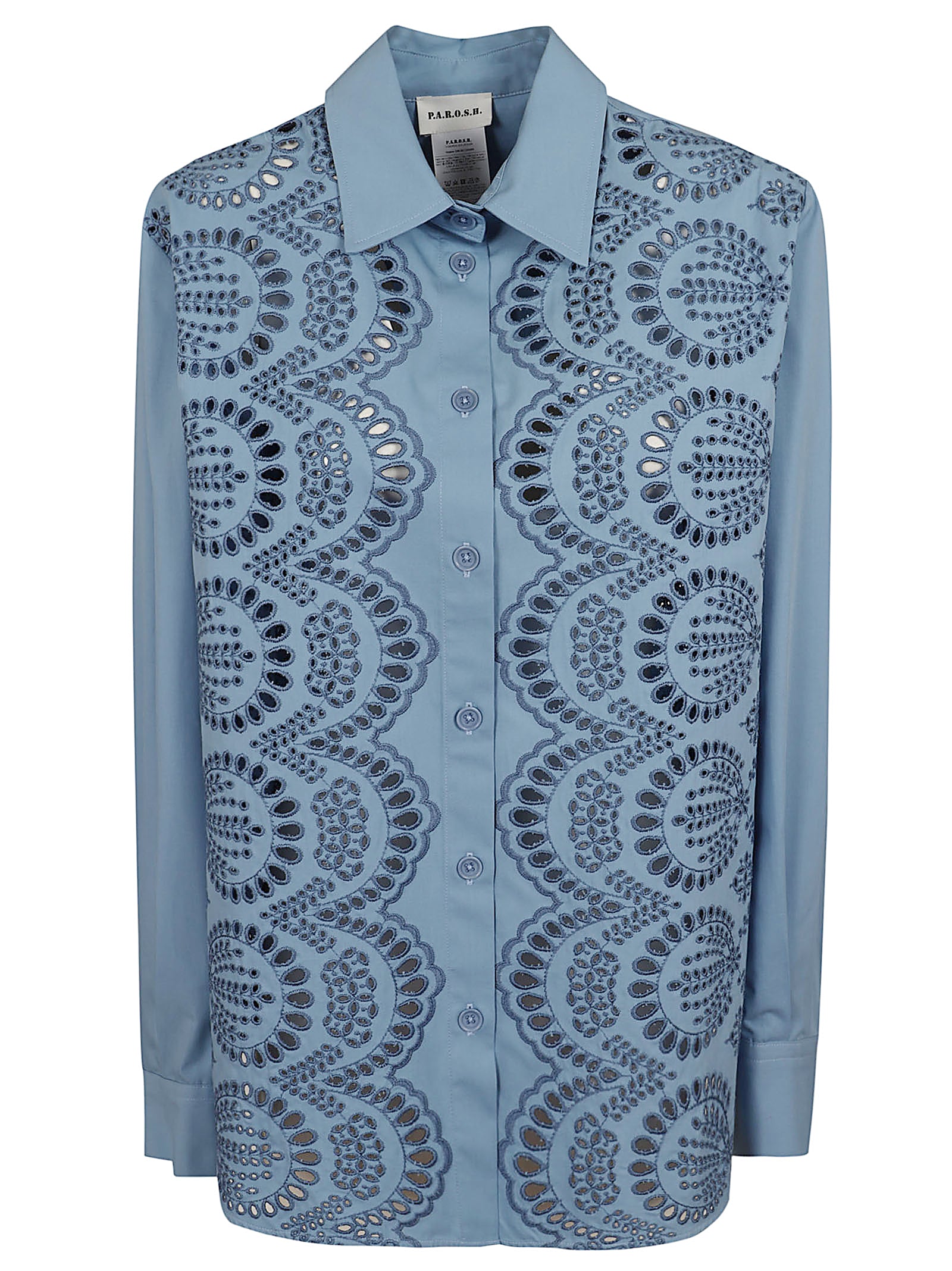 Blue Cotton Shirt with Intricate Lace Cutouts