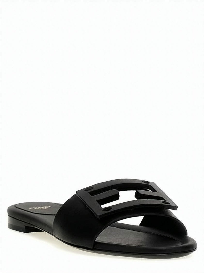 Cut-Out Logo Slide Sandals In Black Calf Leather