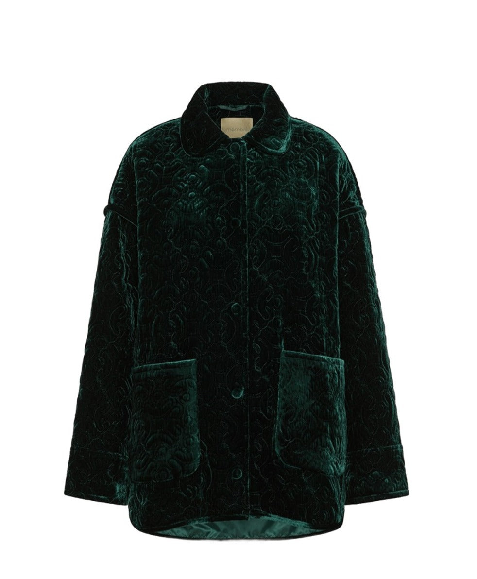 Embossed Floral Velvet Green Coat With Relaxed Fit