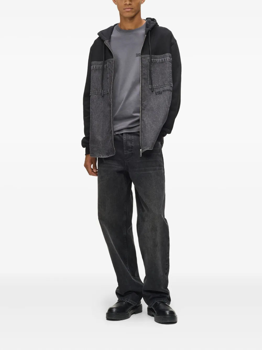 Denim-Panel Jacket with Hood and Ribbed Cuffs