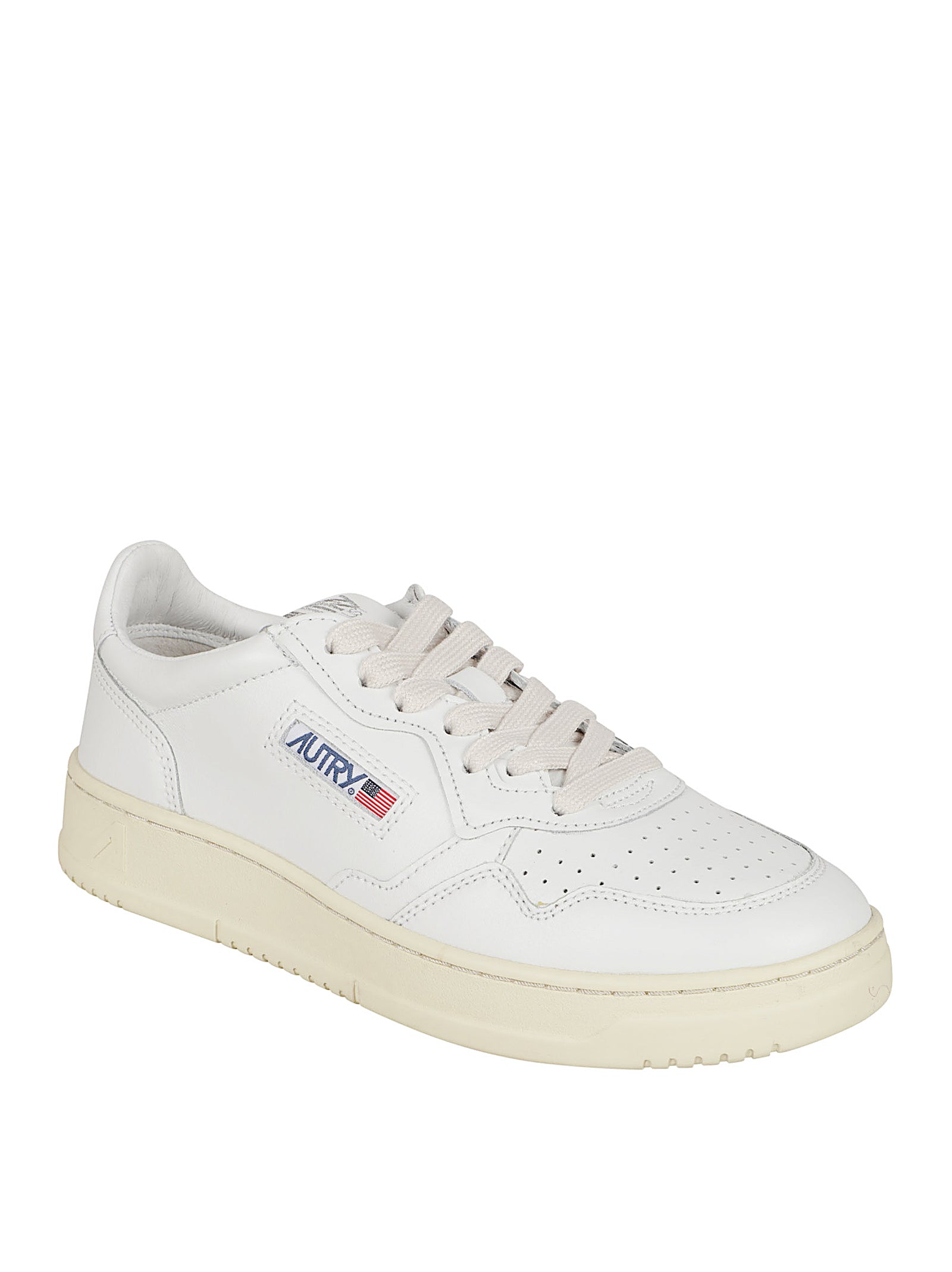 Low-Top White Leather Sneakers with Perforated Toe Detail