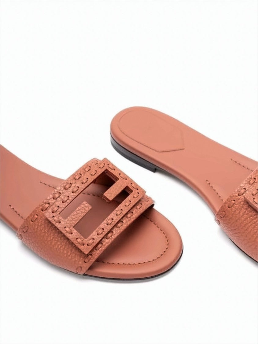 Textured Calf Leather Mule With Cut-Out Logo Buckle