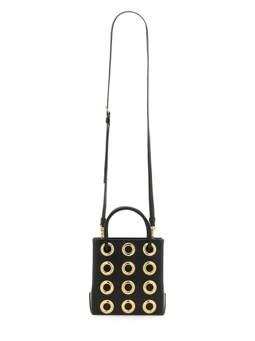 Structured Black Leather Bag With Gold Grommet Details