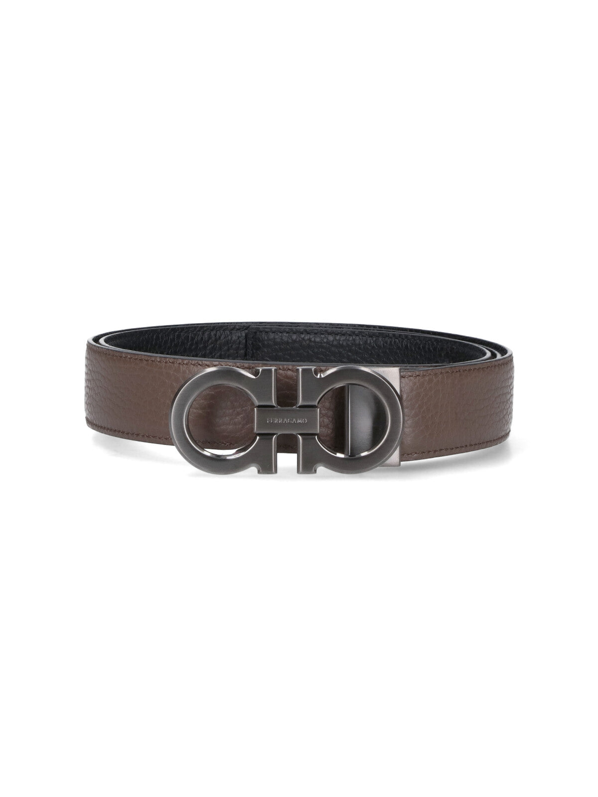 Reversible "Gancini" Belt In Black Calfskin On One Side