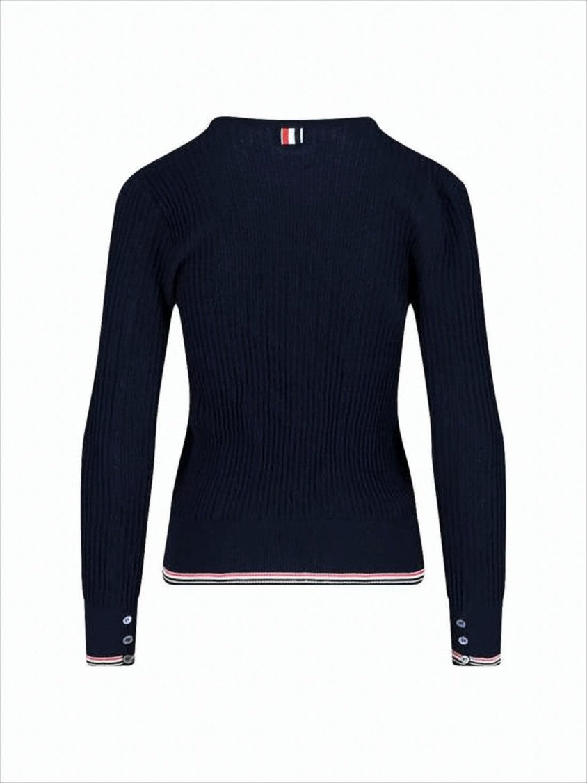 Ribbed Knit Sweater with Tricolor Stripe Trim