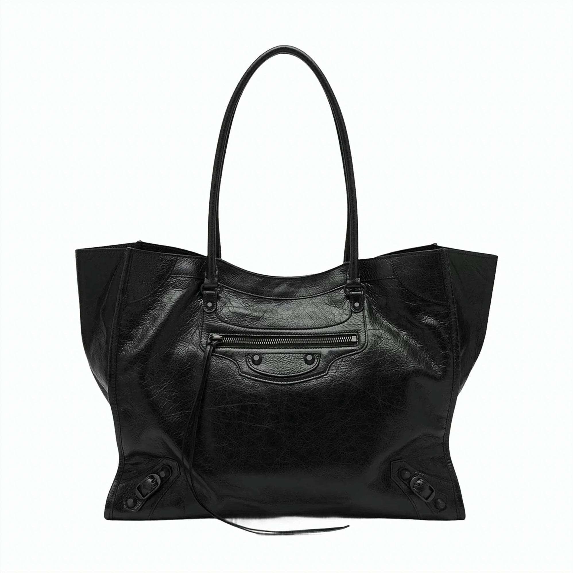 Medium Black Lamb Leather Tote Bag with Glossy Finish