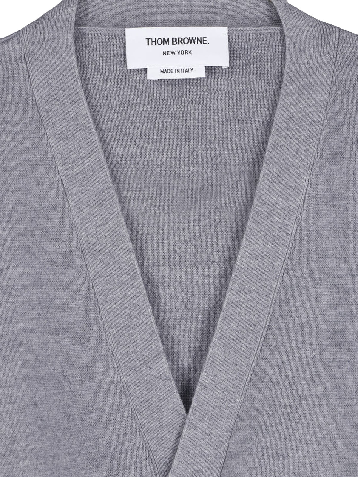 V-Neck Grey Cardigan Sweater with Button-Down Front and Signature Stripes