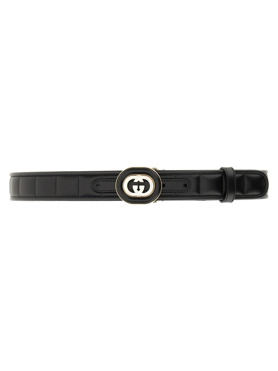 Black Quilted Leather Belt with Gold Cross Buckle