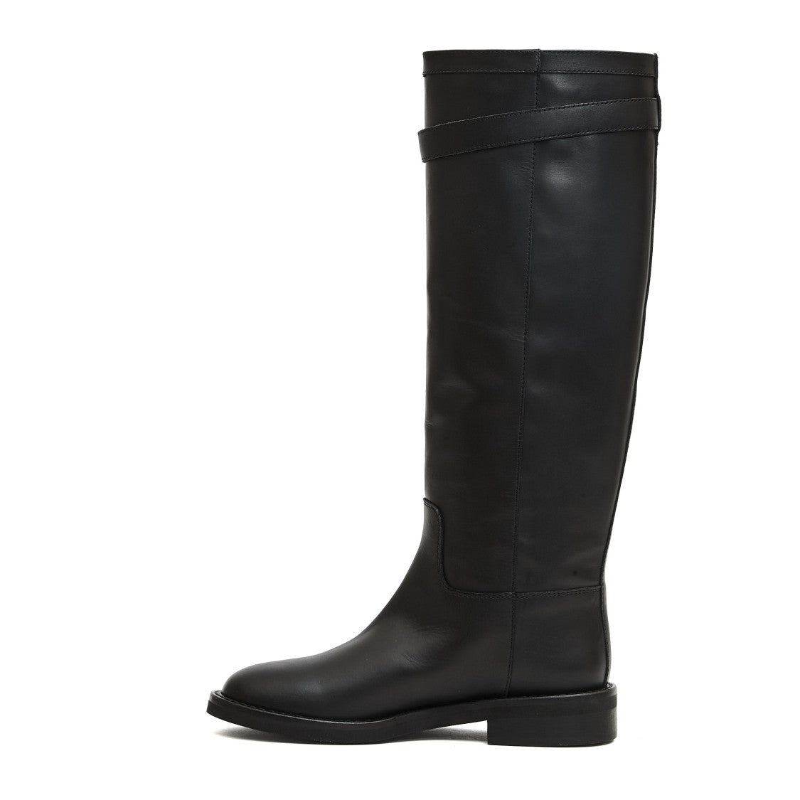 Tall Black Leather Boots With Gold Accent And Rubber Sole