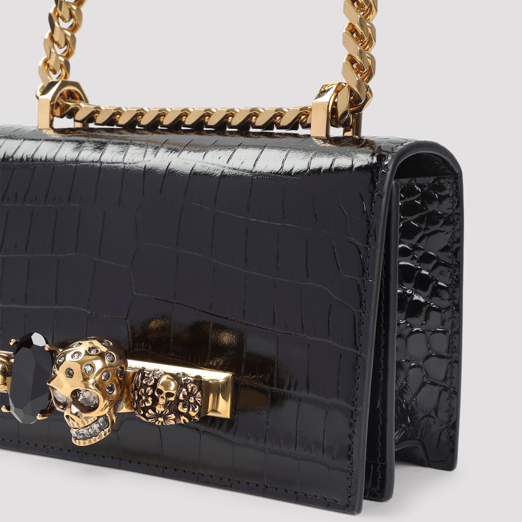 Glossy Crocodile-Embossed Leather Clutch