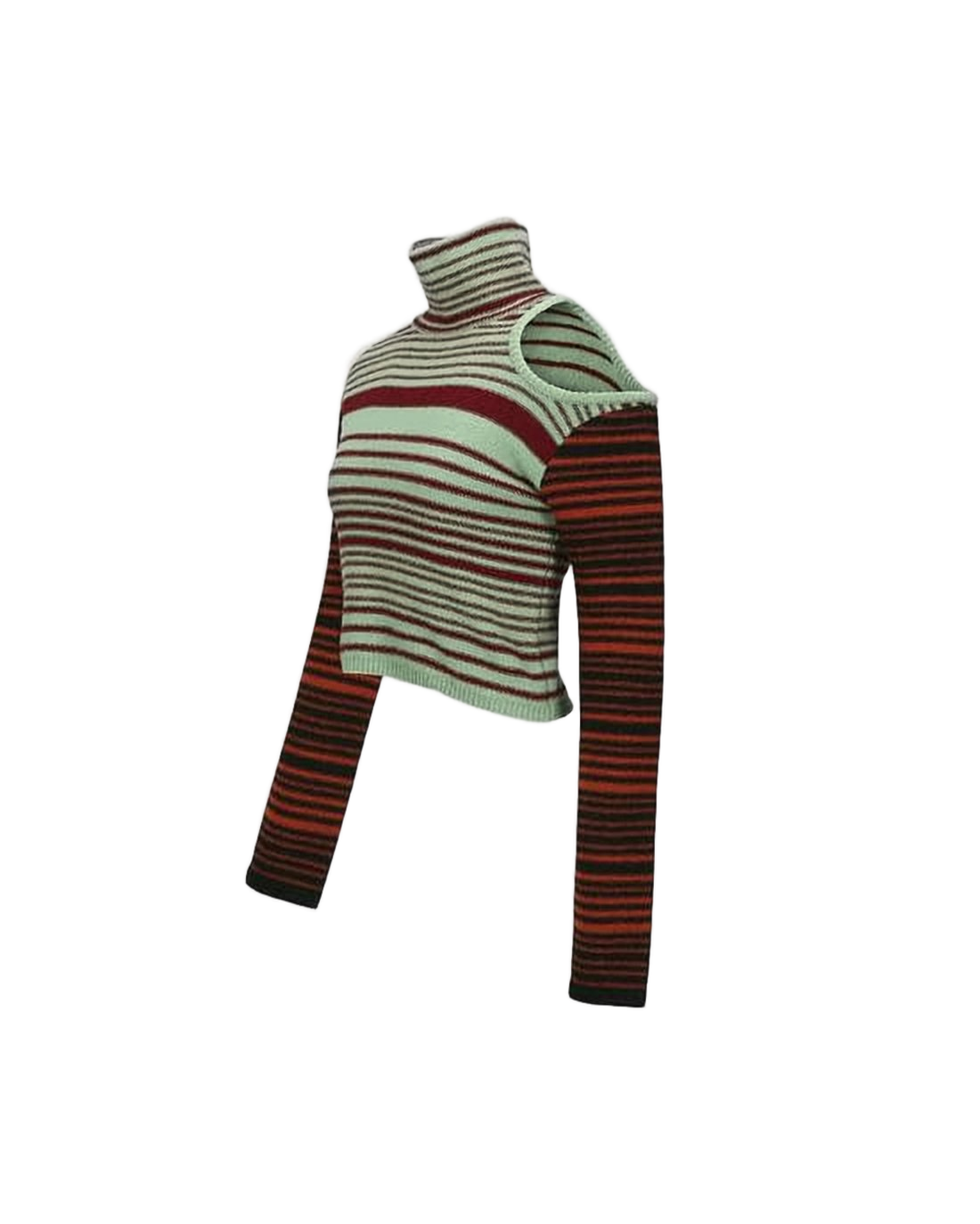 Cropped Striped Turtleneck Sweater with Asymmetrical Cut-Out