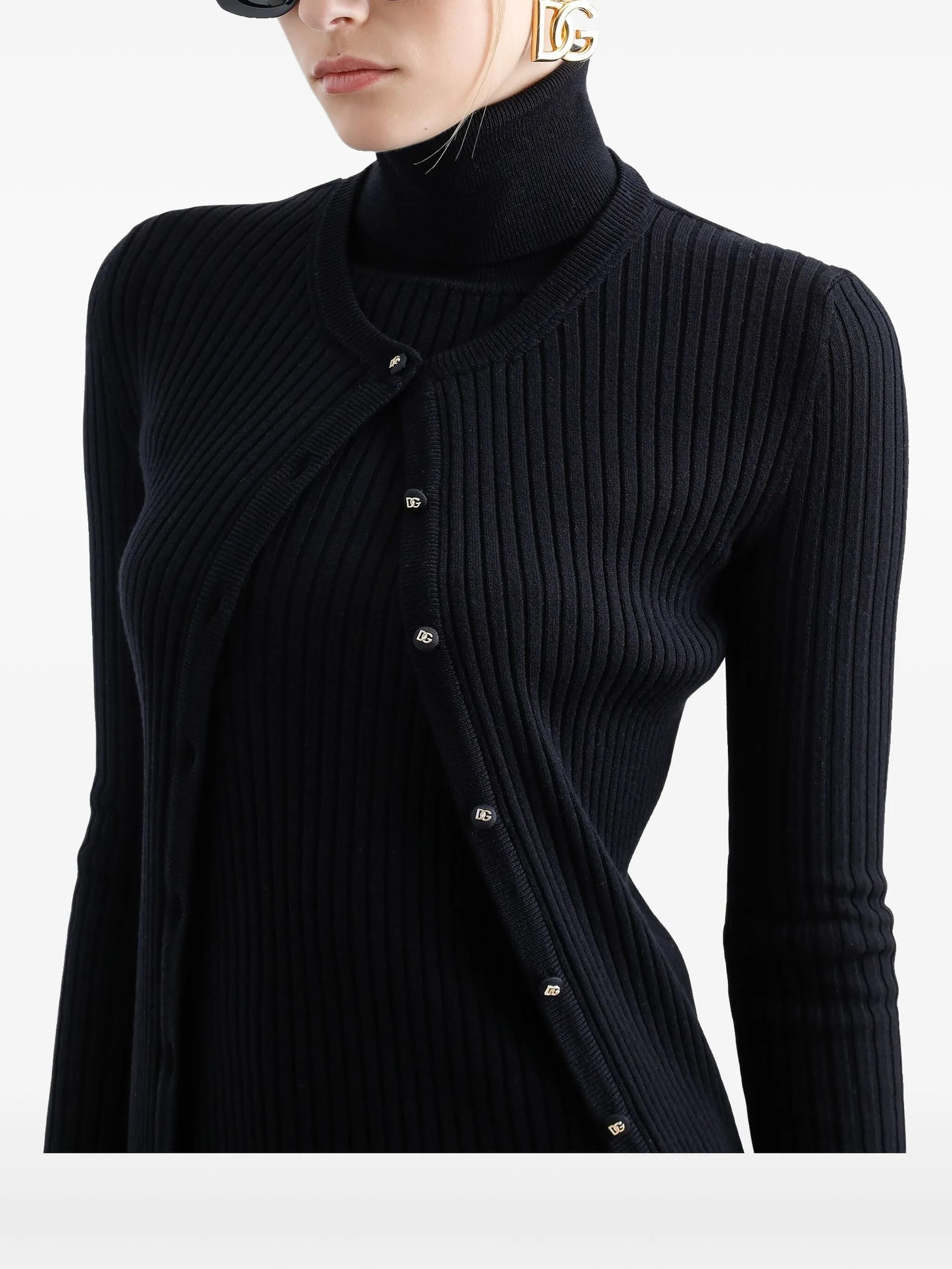 Black Finely Ribbed Wool Button Cardigan
