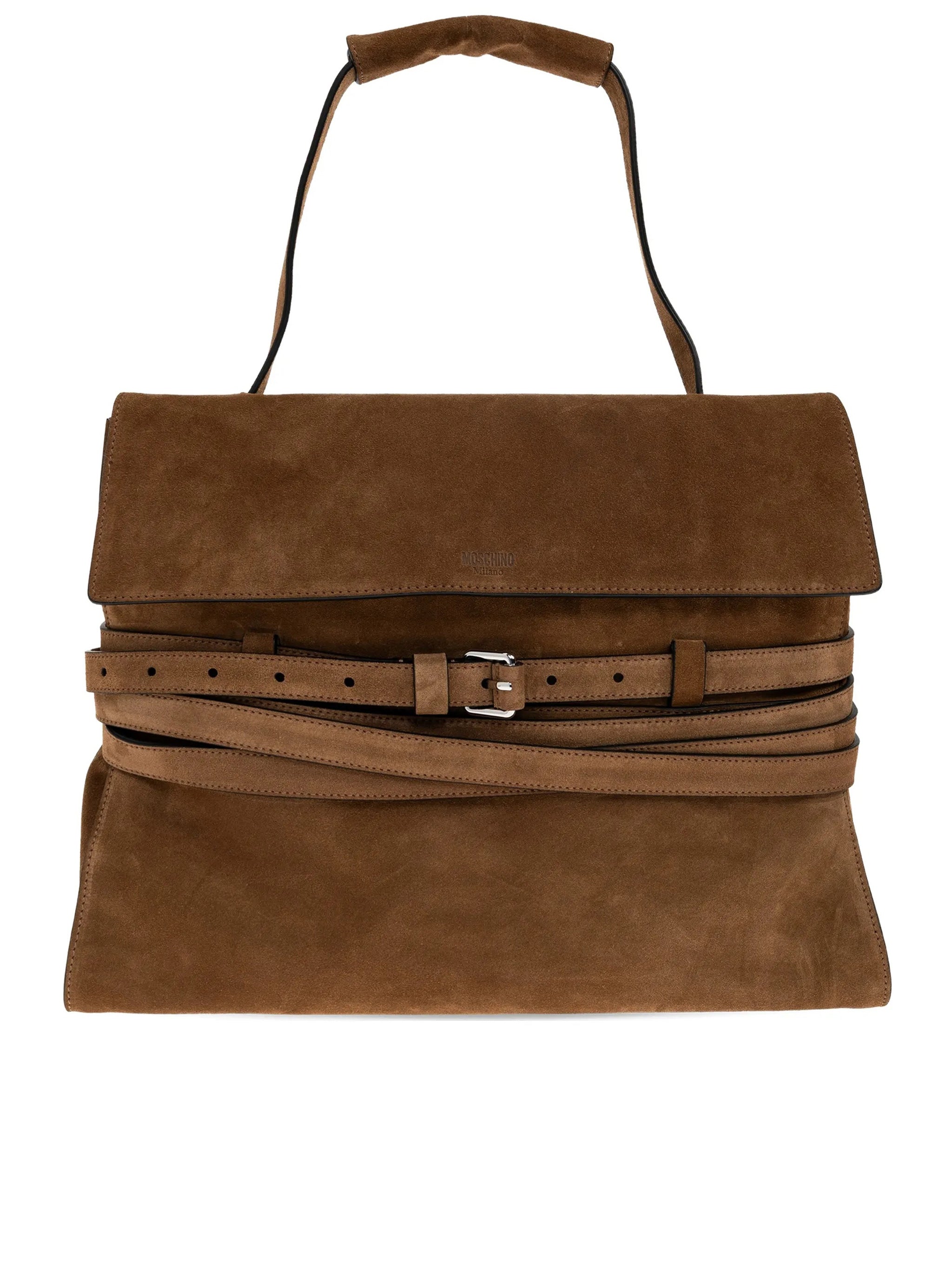 Brown Large Rectangular Suede Handbag With Belts