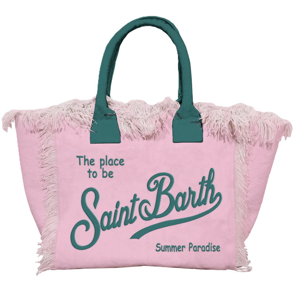 Fringed Edge Tote Bag with Dark Teal Handles