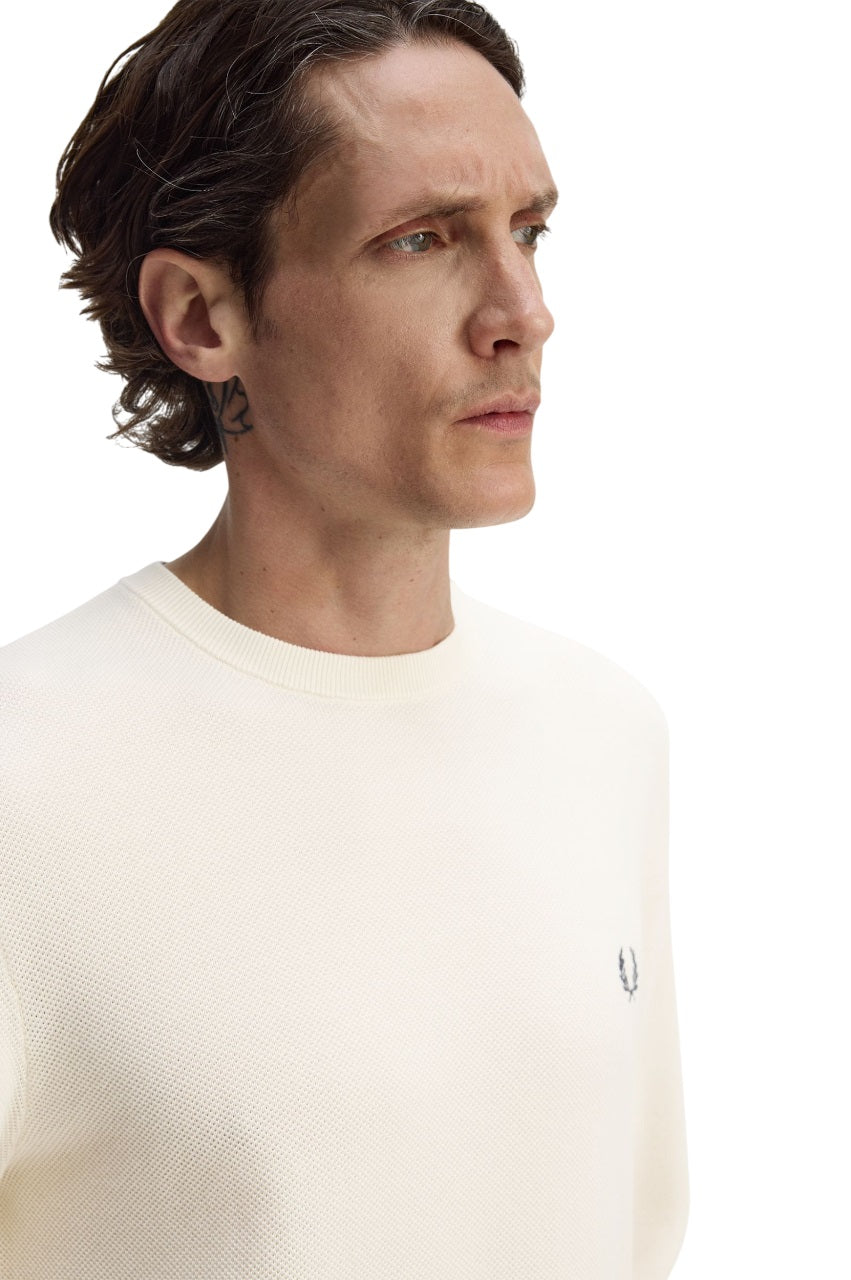 Cream Crewneck Sweater With Ribbed Details