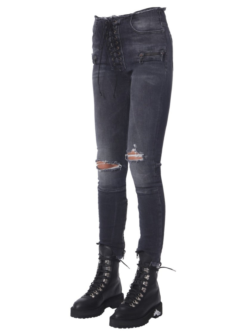 Distressed Black Lace-Up Skinny Fit Jeans