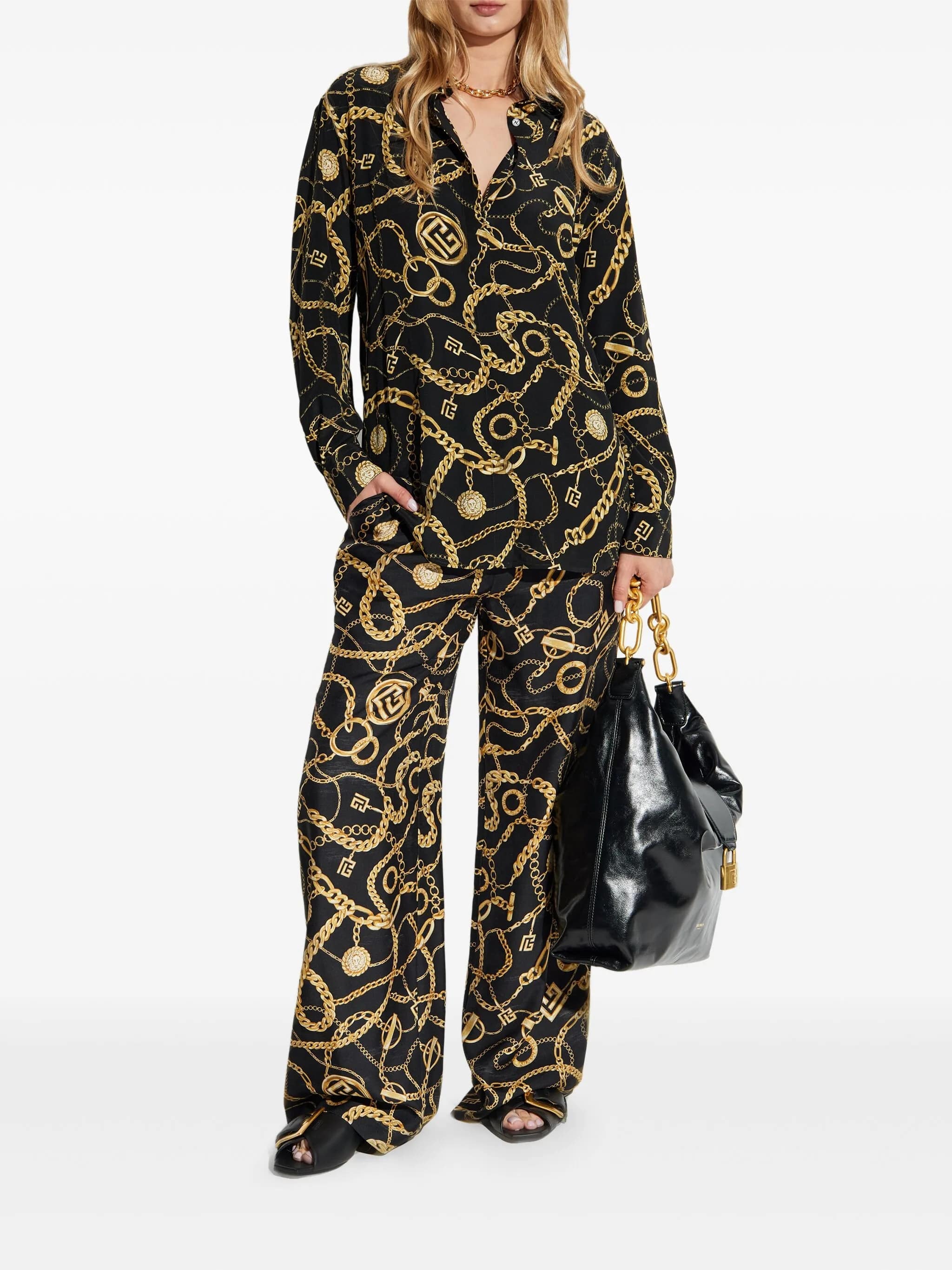 Black Ls Shirt Chain Print Silk Shirt