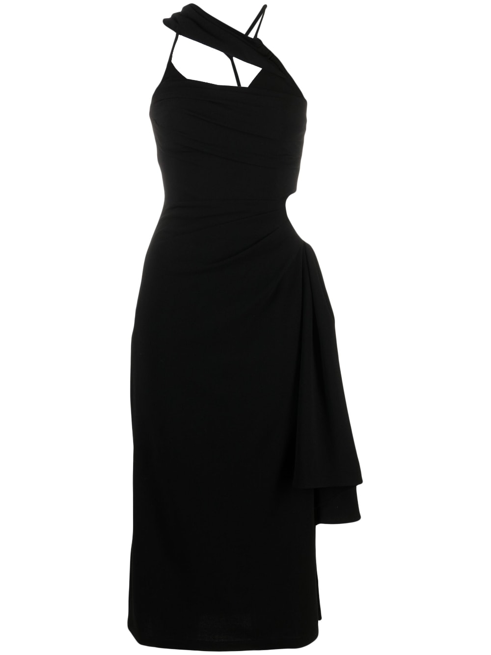 Asymmetric Draped Black Midi Dress