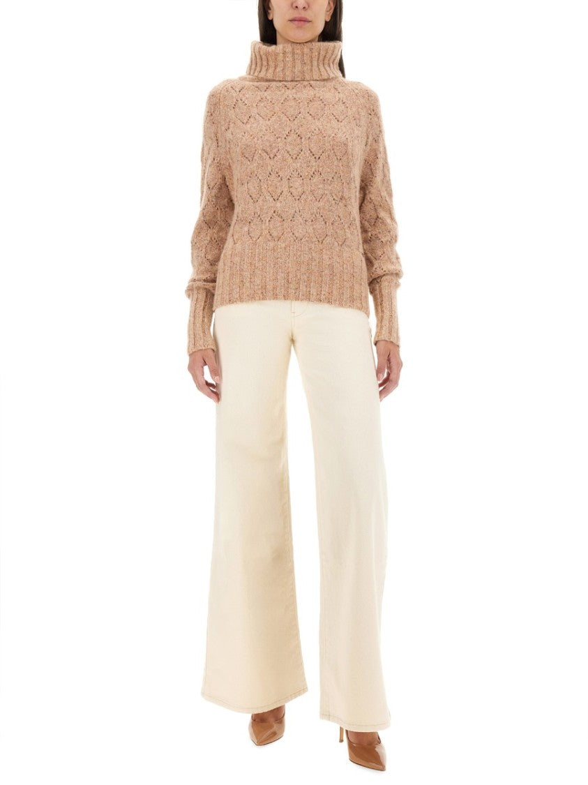 Textured Turtleneck Sweater With Ribbed Hem