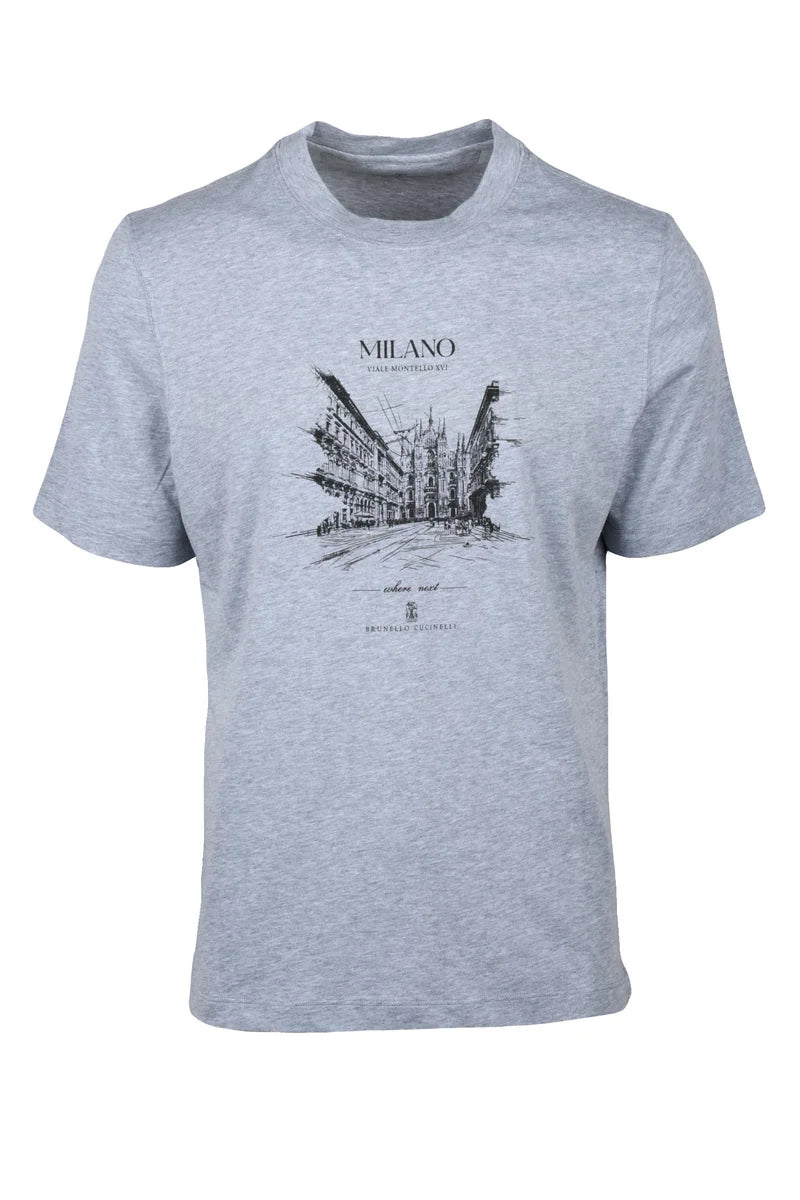 Cotton T-Shirt with Cityscape Sketch