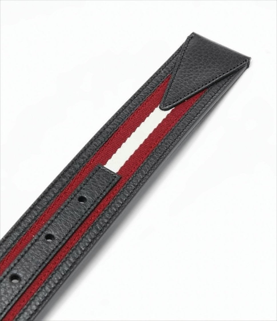 Black Leather Belt with Striped Fabric Inlay