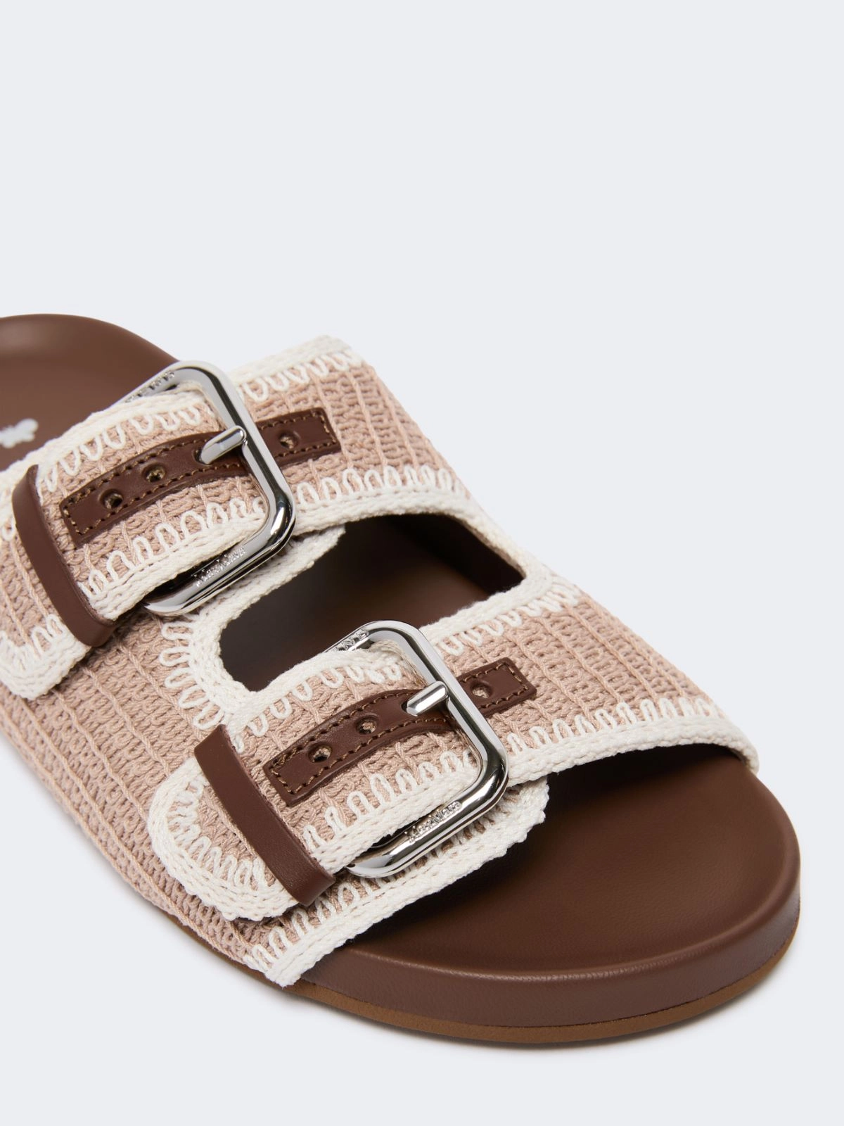 Beige Woven Slide Sandals with Silver Buckle Accents