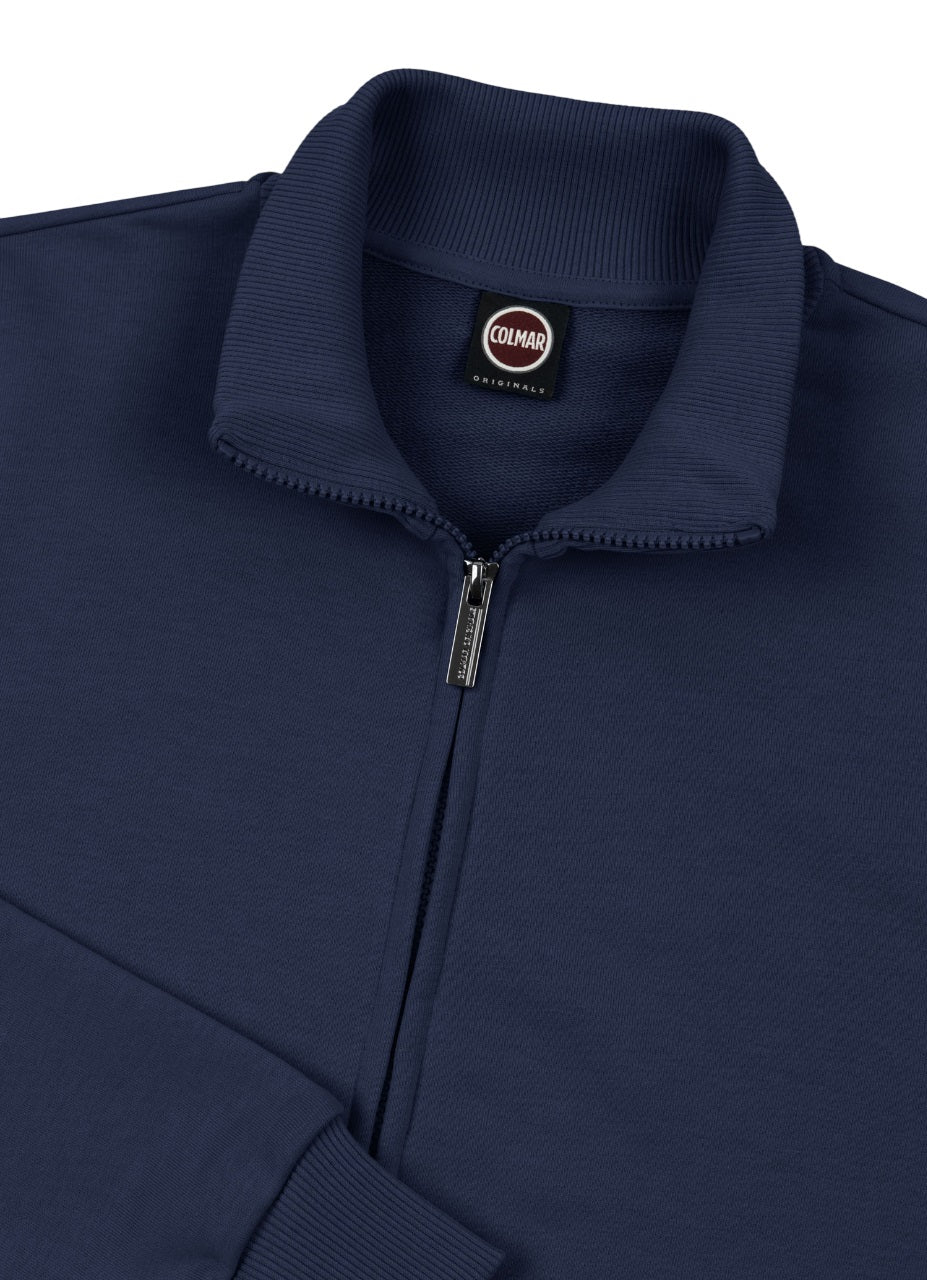 Navy Blue Full-Zip Sweatshirt With Ribbed Finishes