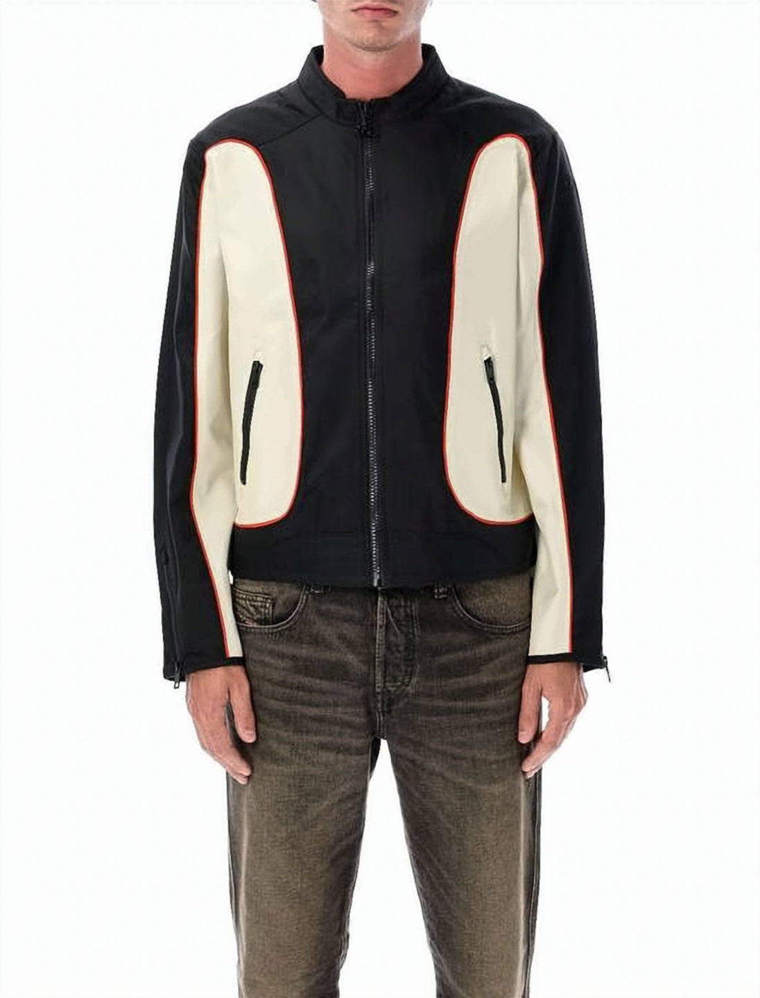 Contrast Panel Black Casual Jacket With Red Trimming