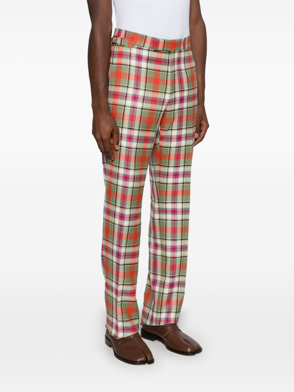 Full-Length Trousers in Light Red Tartan Wool