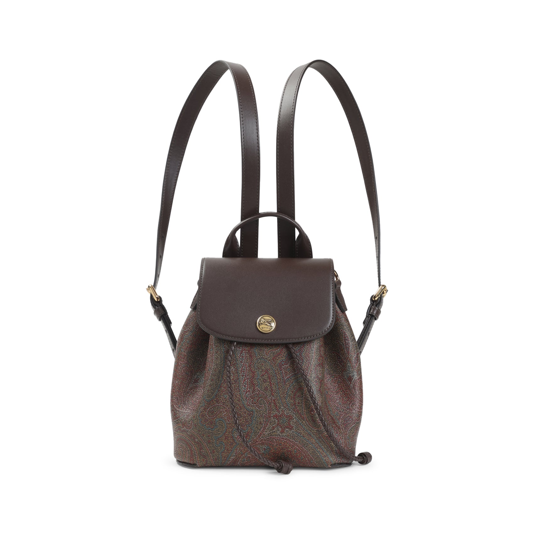 Paisley-Patterned Bucket Backpack Bag with Leather Accents