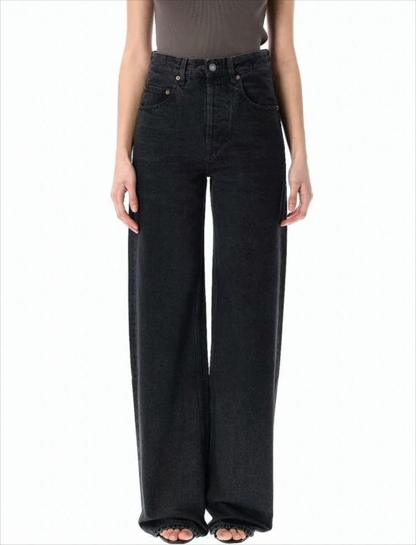 High-Waisted Wide-Leg Denim Pants with Copper Rivets