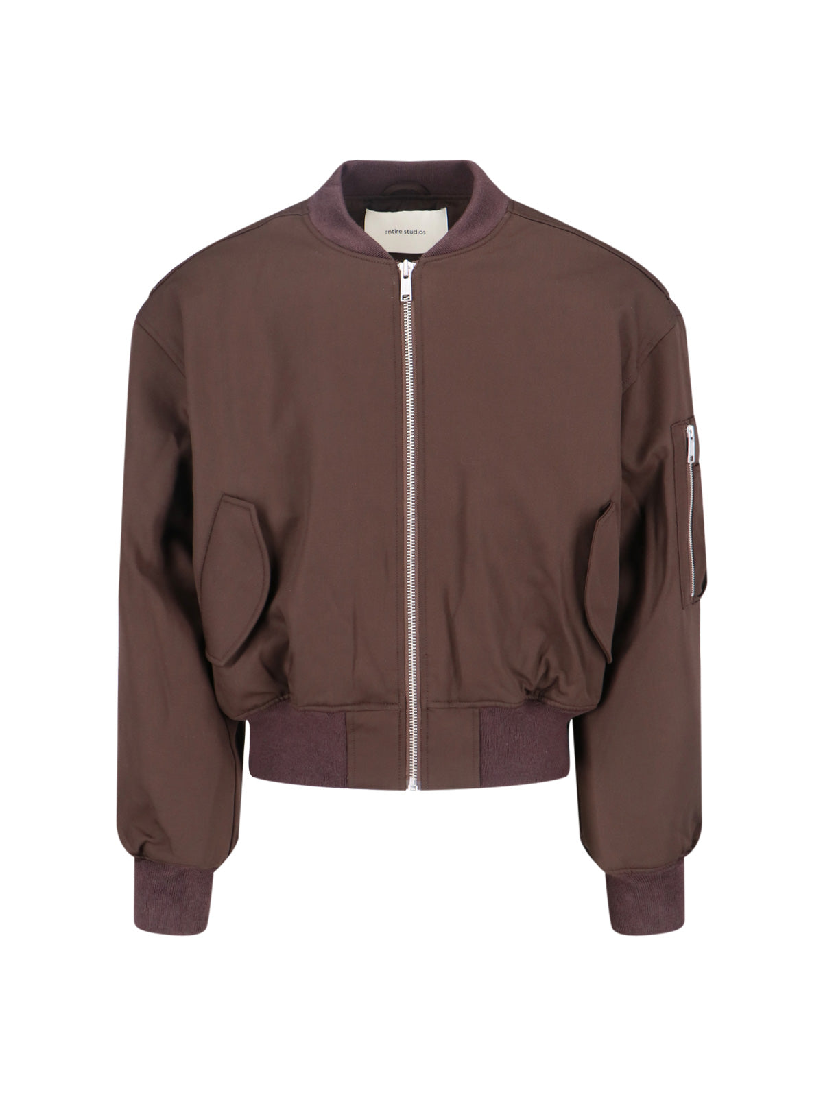 Brown Wool Bomber Jacket with Ribbed Details