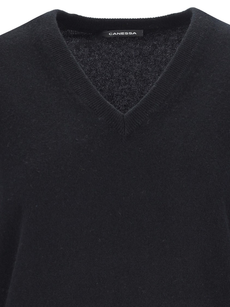 V-Neck Sweater In Black Cashmere Ribbed Trim