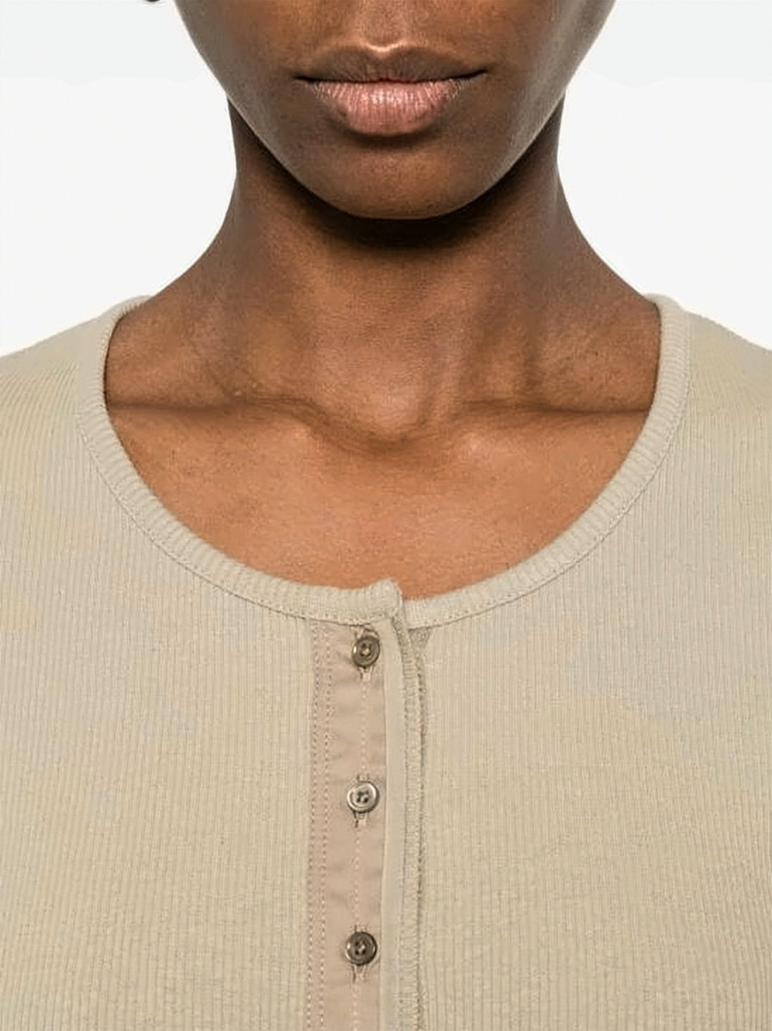 Ribbed Knit Short-Sleeved Top with Buttoned Placket