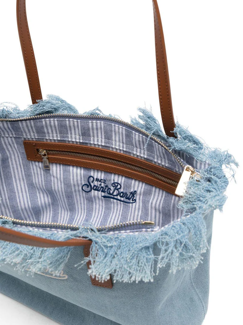 Frayed-Edge Denim-Look Tote Bag with Leather Handles