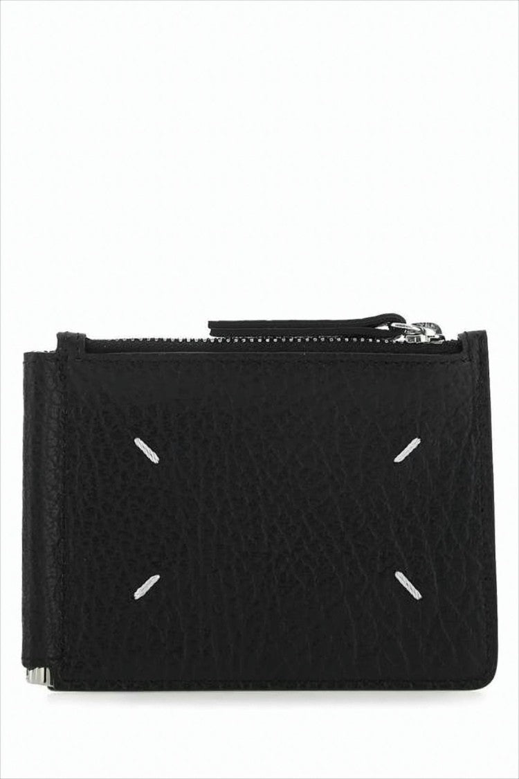 Textured Leather Card Wallet With Zip Compartment And Signature Stitching