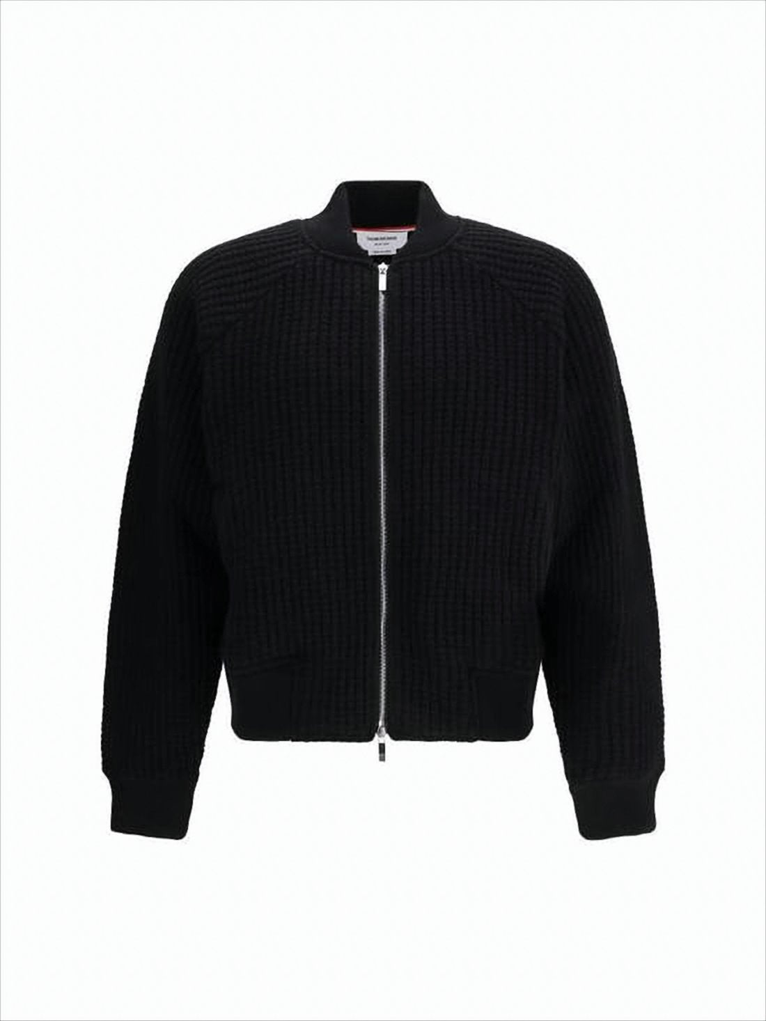 Textured Knit Black Wool Zip-Up Jacket