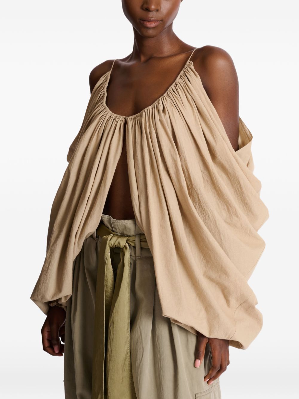 Beige Gathered Cut Out Cotton Top