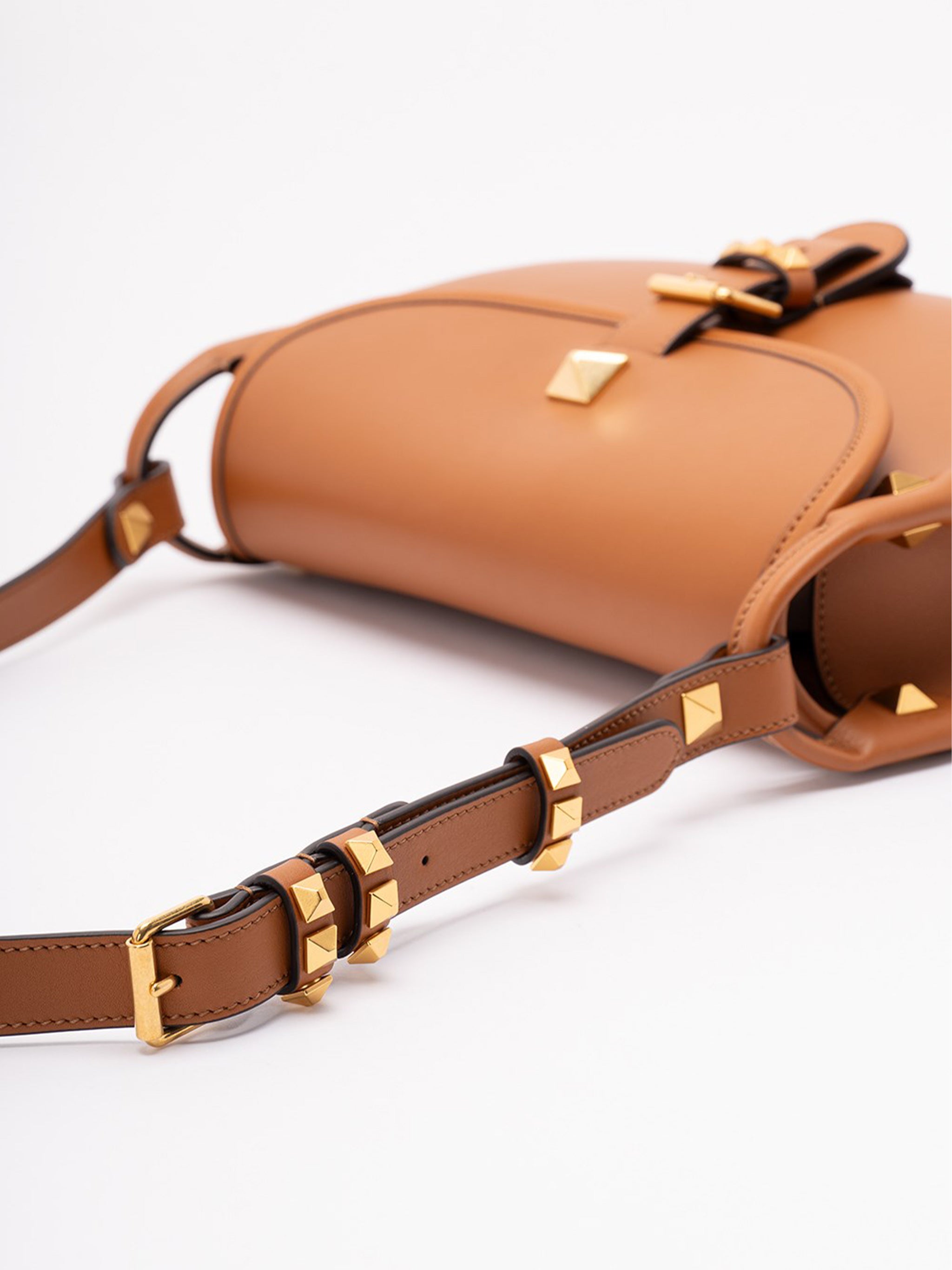 Brown Curved Leather Pyramid Stud Bag