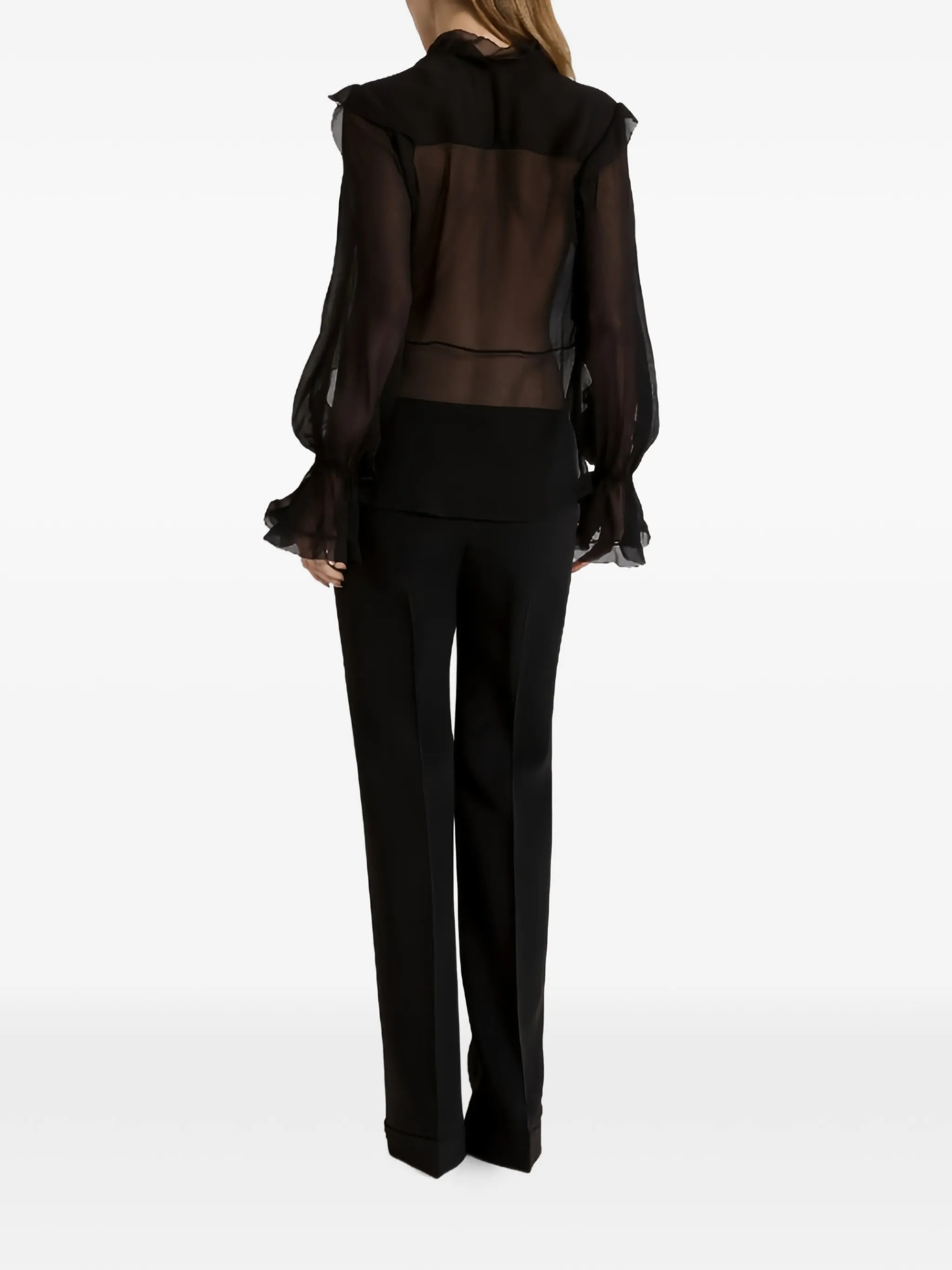 Black Sheer Ruffled Silk Blouse