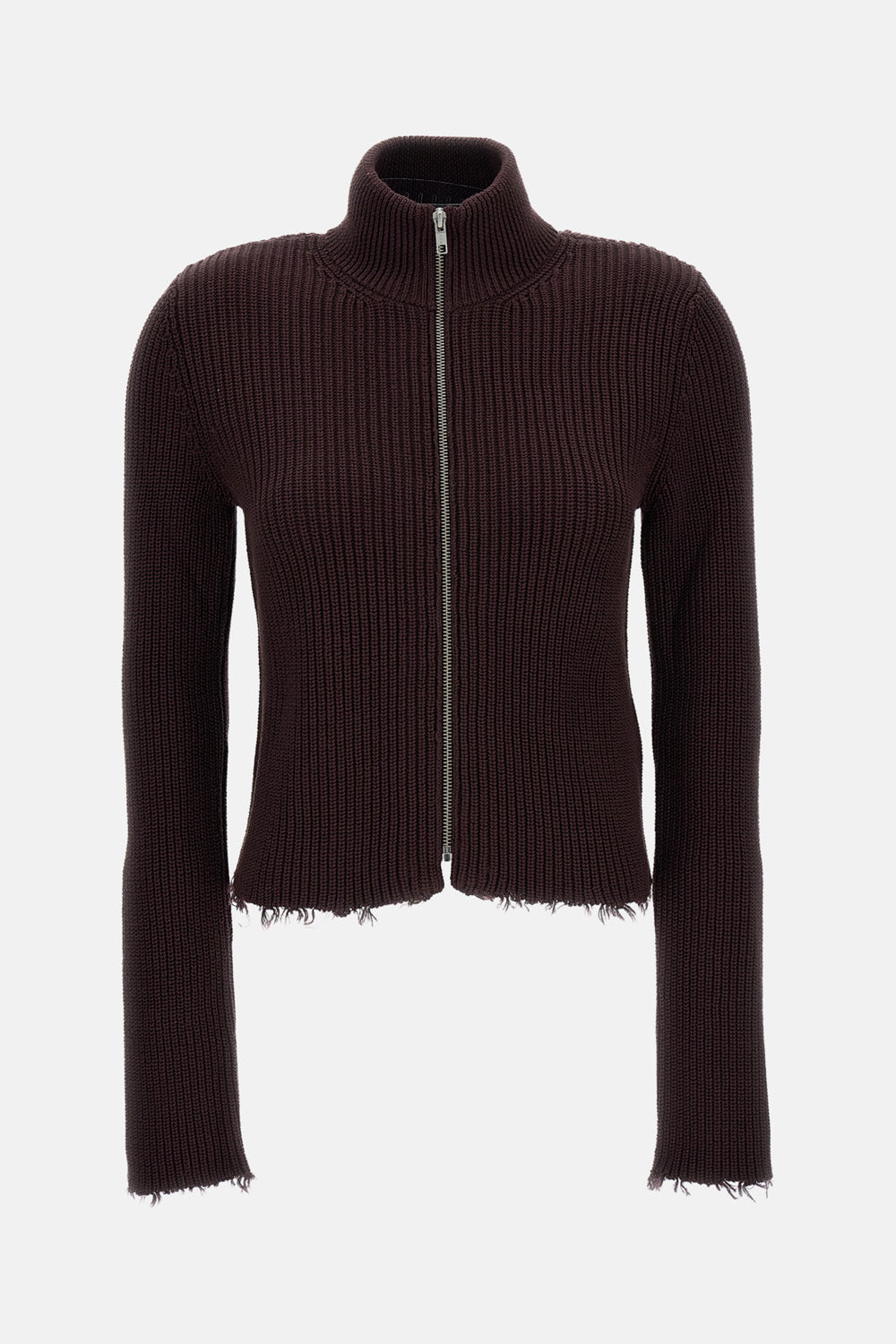 Cropped Ribbed Knit Cardigan with High Neck Design