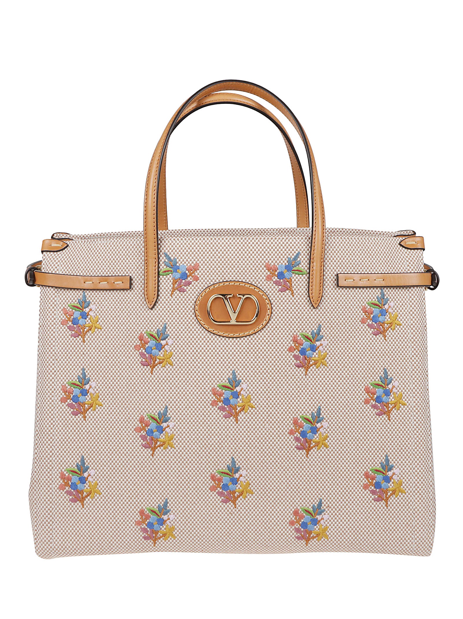 Structured Floral-Embroidered Tote Bag