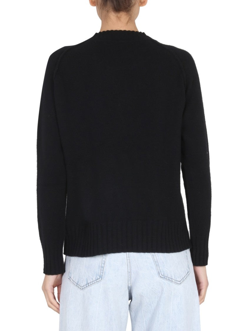Cross-Neck Black Wool Jersey Sweater